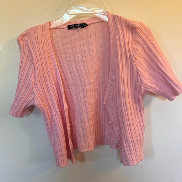 Pink Nasty Gal Mini Cardigan Size 8 Medium Coquette Pearl Buttons - Picture 4 of 4